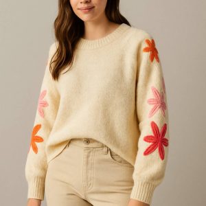 Camisola Flores Bordadas Creme