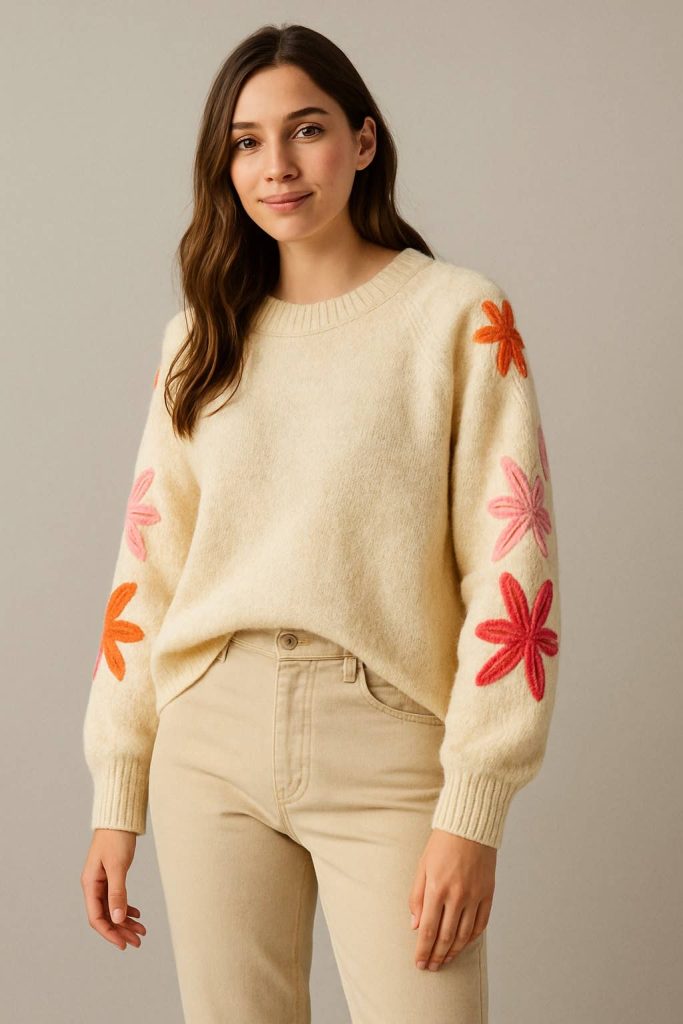 Camisola Flores Bordadas Creme